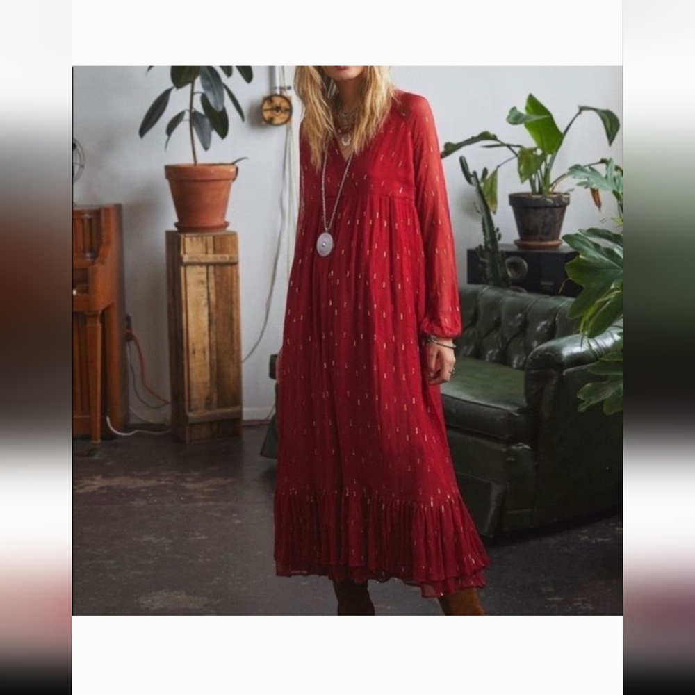 Sézane Celeste Dress - chiffon boho long dress in burgundy-gold EU 38/US 6